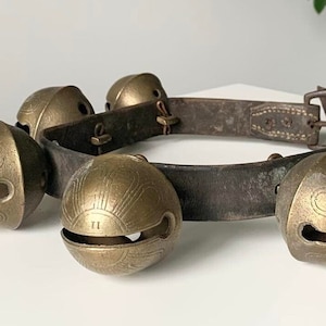 Large Antique Sleigh Brass Bells on Leather Strap - Set of 8 Graduated Etched Petal