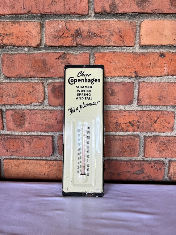 Scarce 1930s Chew Copenhagen Tobacco Metal Embossed Thermometer