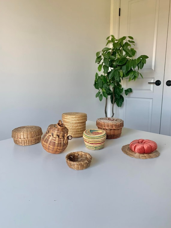 Collection of Six Miniature Baskets and a Pin Cushion