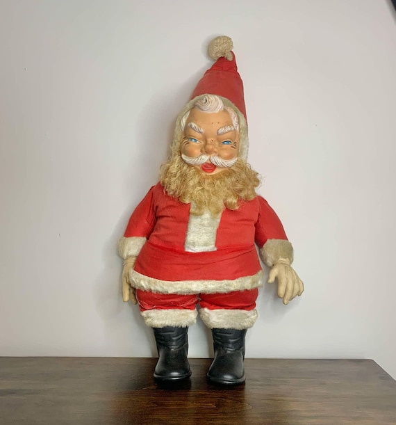 Large 25" Vintage 1950s Rushton Santa with Molded Rubber Face - Made in Canada by Regal Toys in Toronto