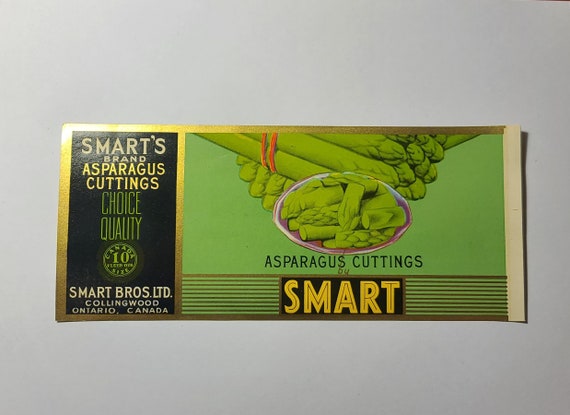 New Old Stock - 1960s Smart's Canned Food Label - Smart Bros. Ltd. Collingwood, Ontario, Canada - Asparagus Cuttings - Great Gift Idea