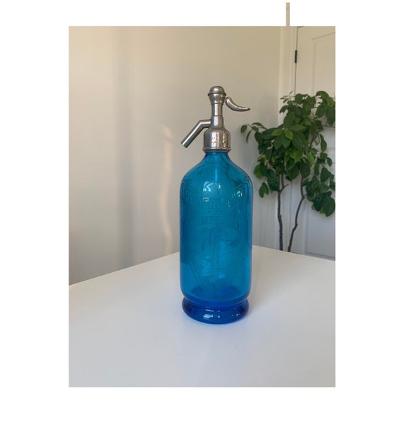 Antique Blue Soda Bottle Siphon - Sutherland Manufacturing - Hamilton Ontario - Seltzer Bottle