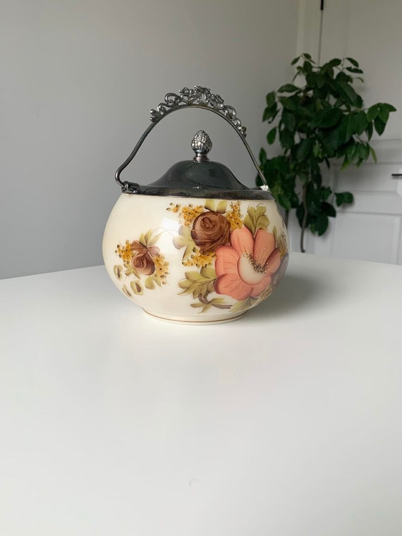 Antique Hand Painted Floral Biscuit Barrel with Silver Handle and Lid by Wm A. Rogers