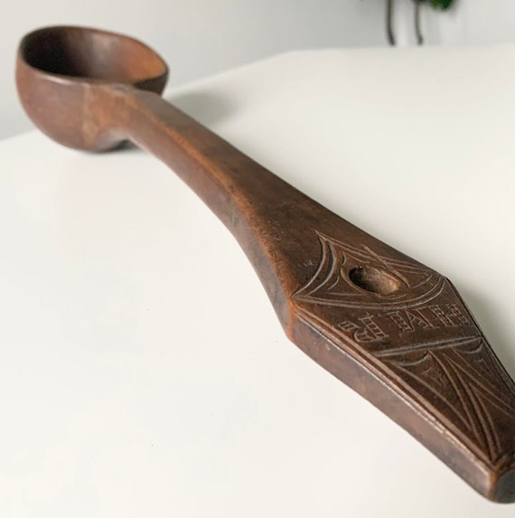 Large 19" Antique Primitive Carved Treen Ladle - Etched HMR