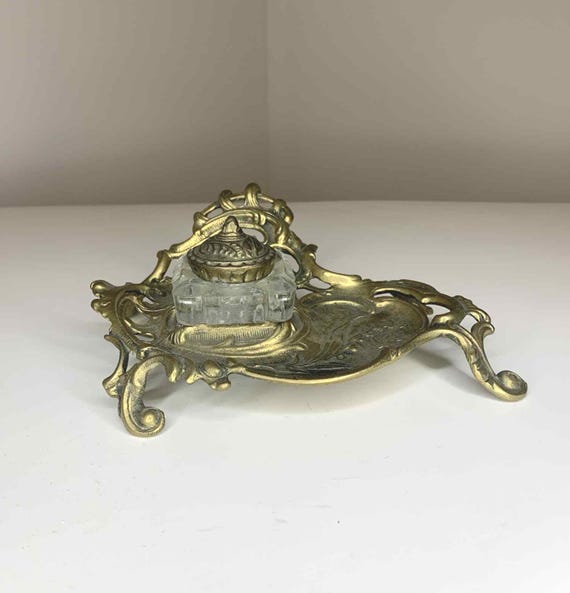 Ornate Vintage Solid Brass Ink Well With Glass Well