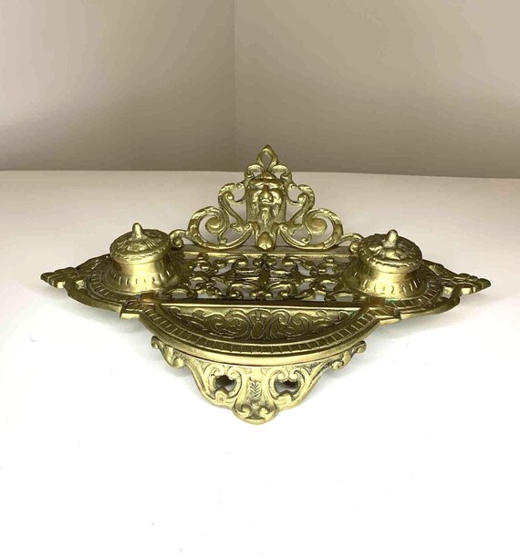 Large Ornate Vintage Solid Brass Double Ink Well