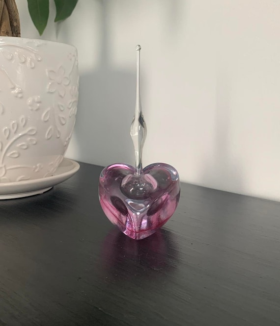 OBG Glass 1991 Ornamental Blown Glass Pink Heart Perfume Bottle Stopper Signed
