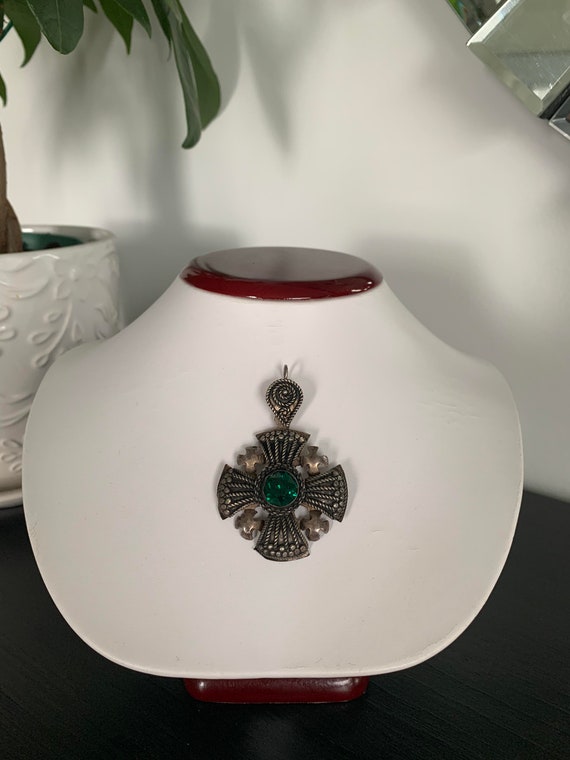 Large Sterling Silver 950 Jerusalem Pendant with Green Stone