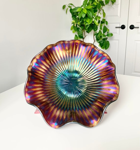 Vintage Northwood Amethyst Iridescent Ruffled Starburst 10-1/4 Inch Carnival Glass Bowl