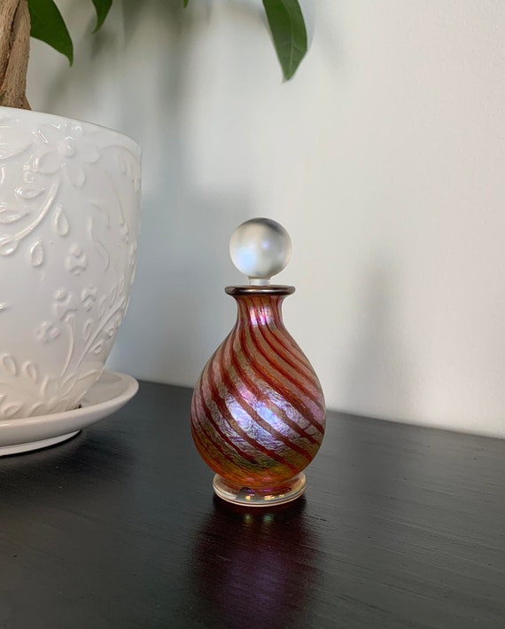 Isle Of Wight Glass Bottle Studio Glass Perfume Bottle in a Pink Iridescent Twist Motif - Original Label