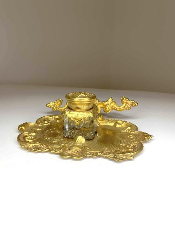 Ornate Gold-Toned Pressed Tin Ink Well With Glass Well