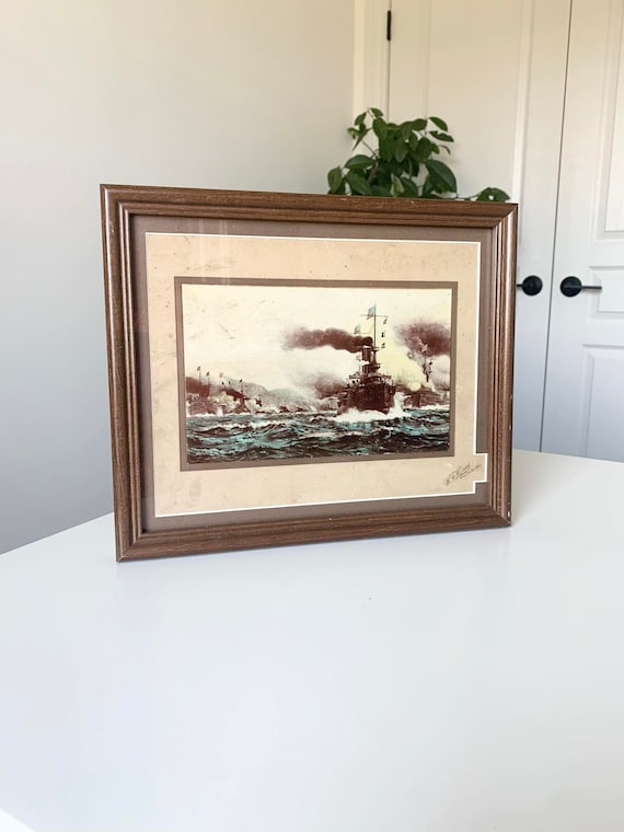Framed and Matted Warship Print by W.F. Henry, Vallejo, California, USA