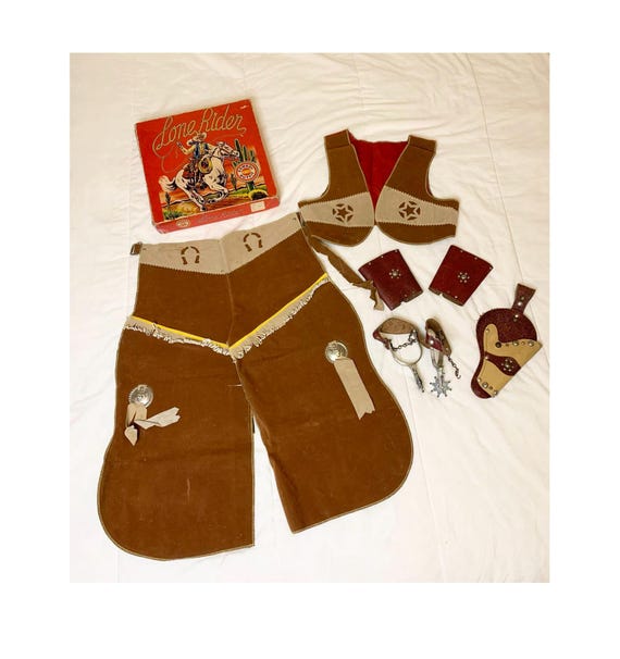 Vintage NOS Lone Rider Cowboy Outfit - Chaps / Spurs / Cuffs / Vest / Holster - Size Large