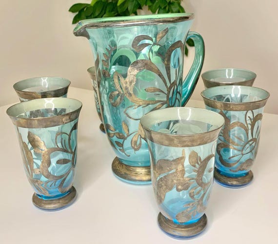 Vintage Bohemian Czech Glass Pitcher and 6 Glasses with Silver Overlay