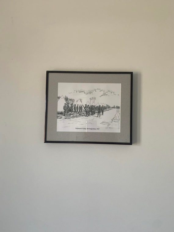 Framed Pencil Sketch Print of "Petawawa Camp - Kit Inspection 1917" by Barbara Blackstein of Pembroke, Ontario