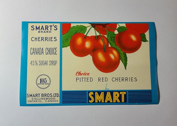 New Old Stock - 1960s Smart's Canned Food Label - Smart Bros. Ltd. Collingwood, Ontario, Canada - Choice Pitted Red Cherries