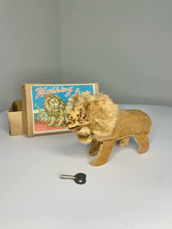 Vintage Wind-Up Walking Lion with Original Box