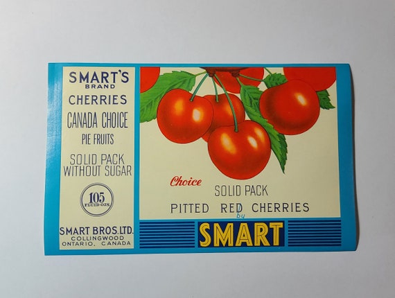 New Old Stock - 1960s Smart's Canned Food Label - Smart Bros. Ltd. Collingwood, Ontario, Canada - Choice Solid Pack Pitted Red Cherries