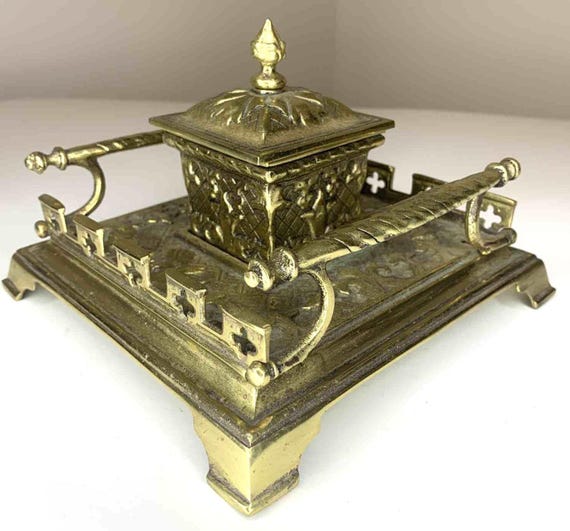 Large Ornate Vintage Solid Brass Ink Well