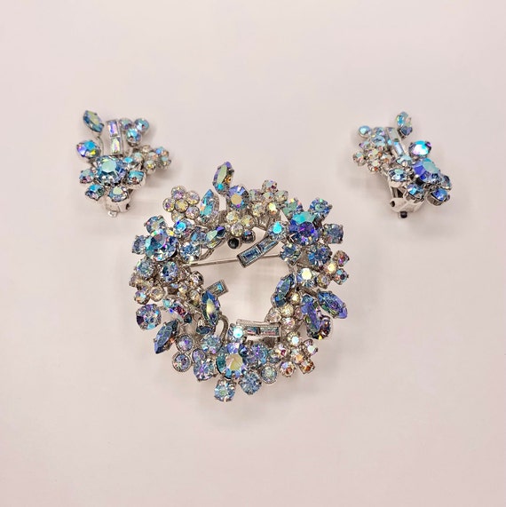 Vintage Triad Brooch and Clip on Earrings in Iridescent Blue