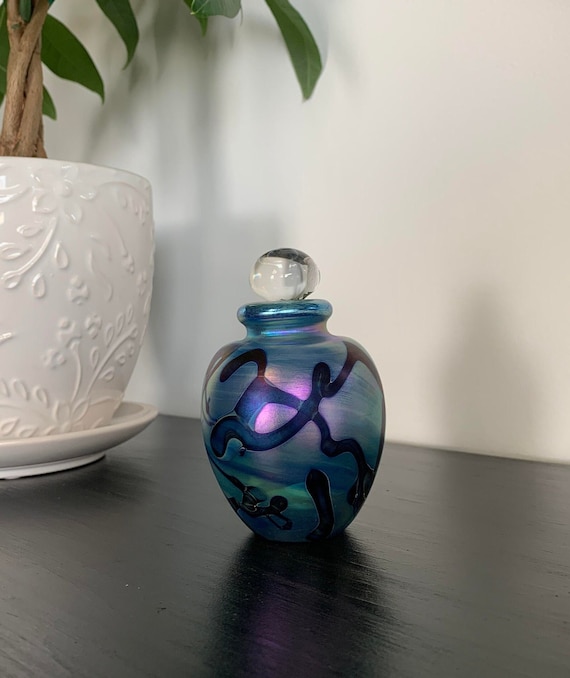 Heavy Hand Blown Perfume Bottle by Well Known Eickholt Glass Studio in Iridescent Motif - Signed Eickholt 1988