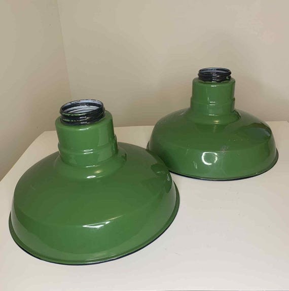 Pair of Large Vintage Industrial Green Porcelain Light Shades - 12" in Diameter