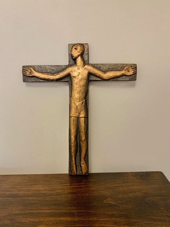 Mid Century Modern Brutalist Bronze Crucifix Cross