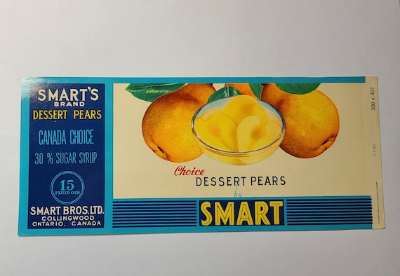 New Old Stock - 1960s Smart's Canned Food Label - Smart Bros. Ltd. Collingwood, Ontario, Canada - Choice Dessert Pears - Great Gift Idea