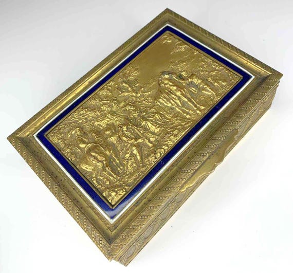 French Ormolu & Enamel Wood-lined Box With a Hinged Lid, Detailed Exterior Scene with Figures – circa 1900