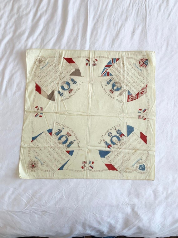 WW1 Allied Forces Silk Handkerchief - Anthems of Britain France Russia and Belgium - God Save the King / Tsar