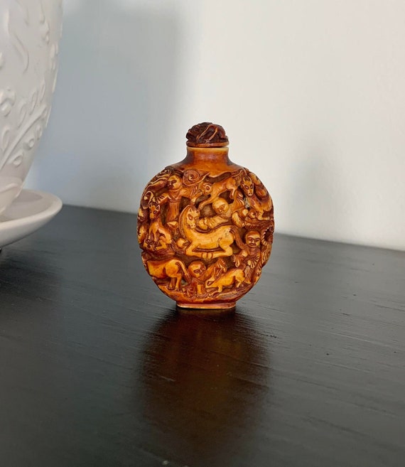 Asian Carved Snuff Bottle with People Dragons Animals