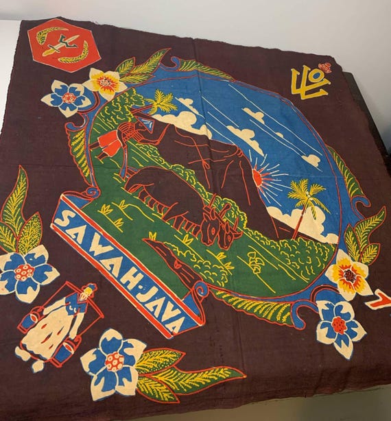 Vintage WW2 Hand Painted Handkerchief with Hand Written Poem - Commemorates Java in the Dutch East Indies