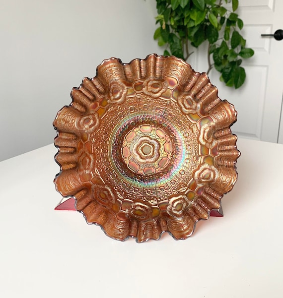 Fenton Carnival Glass Marigold 8 1/2” Crimped Fluted Edge Bowl Candy Dish