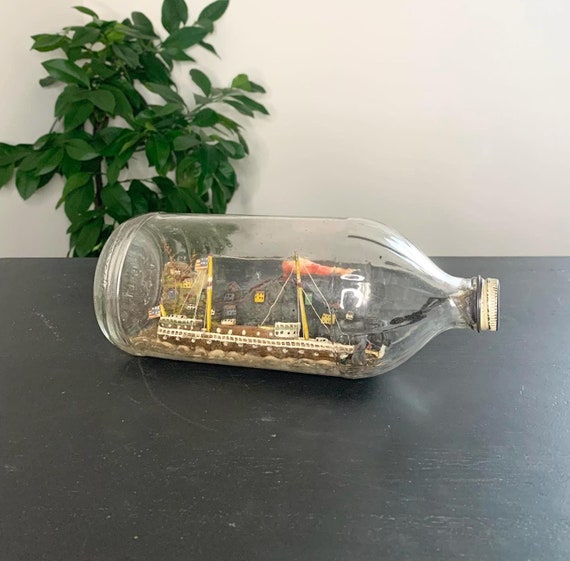 Antique American Ship in a Bottle Set in Front of a Village and Volcano Diorama