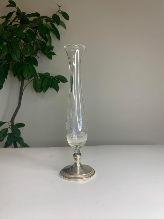 Rogers Weighted Sterling Silver and Etched Crystal Bud Vase