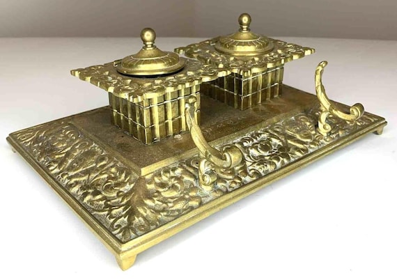 Ornate Vintage Solid Brass Double Ink Well Holder With Glass Wells and Pen Holder