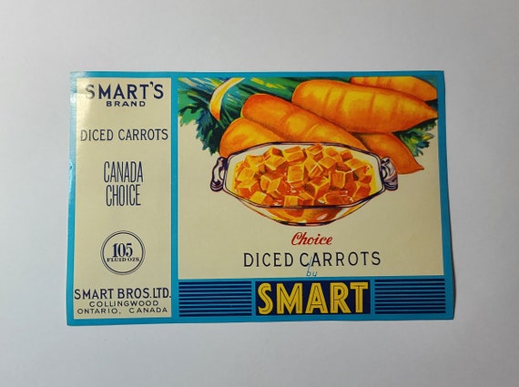 New Old Stock - 1960s Smart's Canned Food Label - Smart Bros. Ltd. Collingwood, Ontario, Canada - Choice Diced Carrots - Great Gift Idea