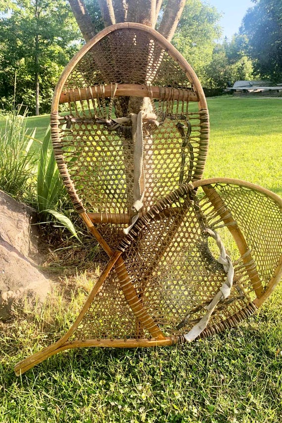 Traditional Canadian Indigenous Snowshoes Wooden Frames and Rawhide Webbing - 37" Long