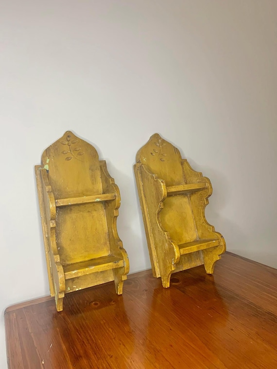 Matching Pair of Primitive Canadian Wooden Shelves with Heavy Mustard Color Over-Paint