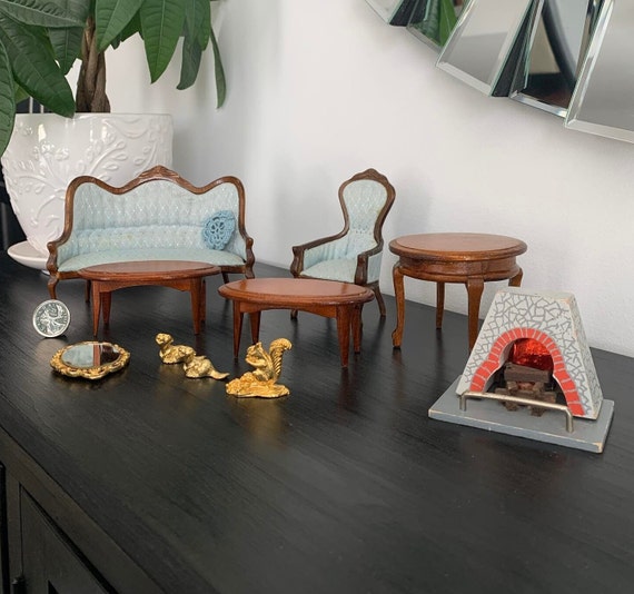 Lot of 10 Pieces of Vintage Wooden Doll House Sitting Room Furniture