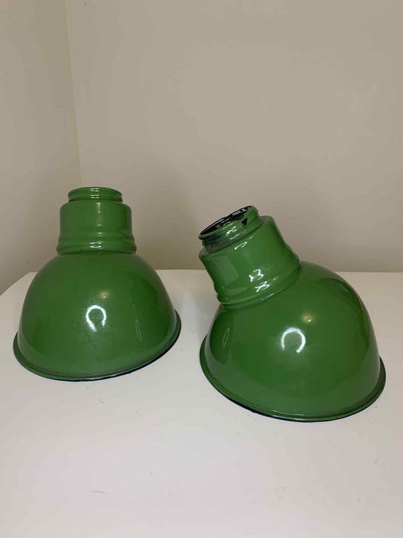 Pair of Vintage Industrial Angled Green Porcelain Shades - Garage / Mancave / Gas Station - 8.5" Diameter