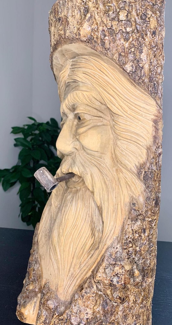 Wood Carving, Pipe Smoker, Perfect Wood Gift, Hand Carved Pipe, Bearded Man Smoking, Old Man Smoking Pipe