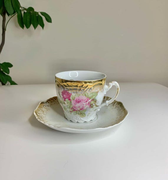 Antique Three Crown China Mustache Cup and Saucer - Made in Germany