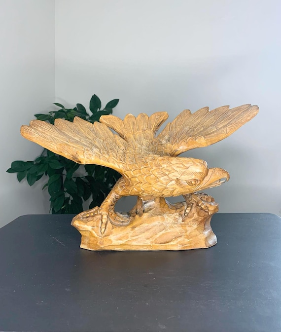 Large Vintage Wooden Sculpture of a Majestic Eagle