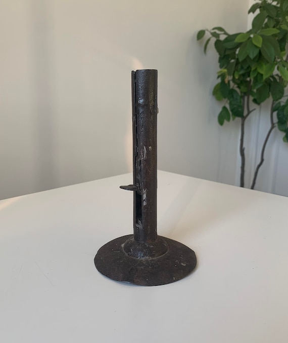 Antique Primitive Iron Hogscraper Hog Scraper Push-Up 7" Tall Candlestick