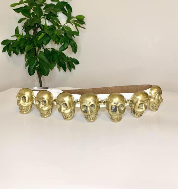 Amazing One of a Kind "Day of the Dead" Inspired Skull Belt with 7 Large Brass Skulls affixed to a White Leather Giorgio Armani Belt
