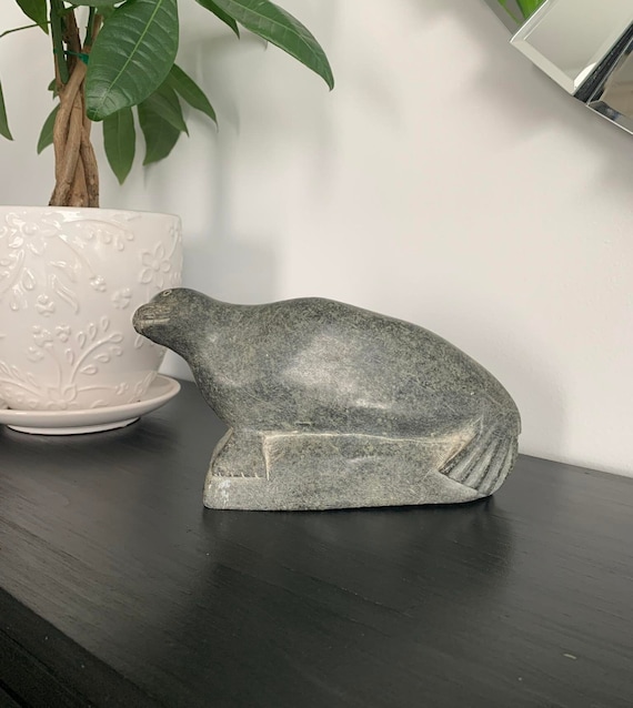 Sunbathing Seal on a Rock - Inuit Soapstone Carving - Canada - E9-1057