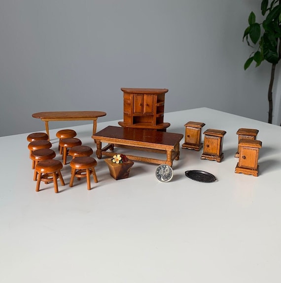 Large Lot (15+ Pieces) of Vintage Wooden Doll House Dining Room Furniture