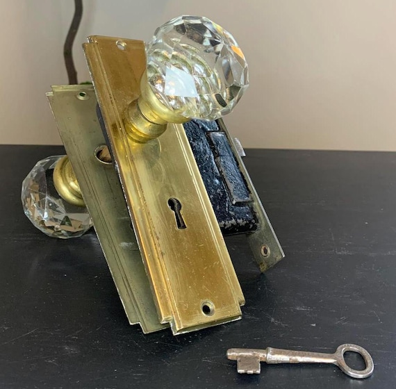 Antique Large Crystal Door Knob Set with Brass Plates, Deadbolt and Key