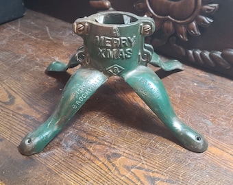 Support pour sapin de Noël vintage en fonte « A Merry Xmas » par Smarts of Brockville (Ontario) - Excellente idée cadeau